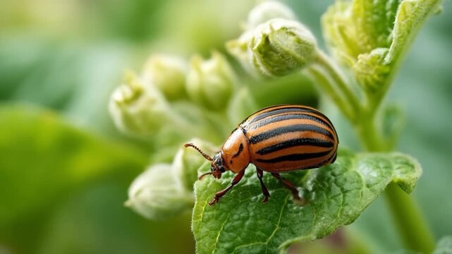Striking orange and black striped beetle perched on a vibrant green leaf, showcasing intricate details of nature's design and the beauty of biodiversity in a lush environment