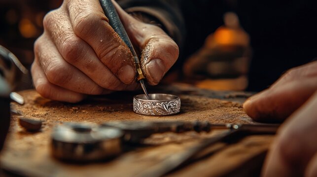 A skilled artisan carefully engraves intricate designs onto a silver wedding band using precision tools in a softly lit workshop