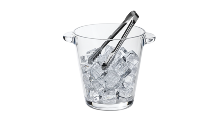 Ice bucket isolated on transparent background filled with ice cubes and tongs, perfect for keeping drinks cold at parties, bars, and restaurants
