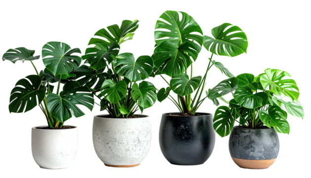 Four potted Monstera plants, various sizes, against black