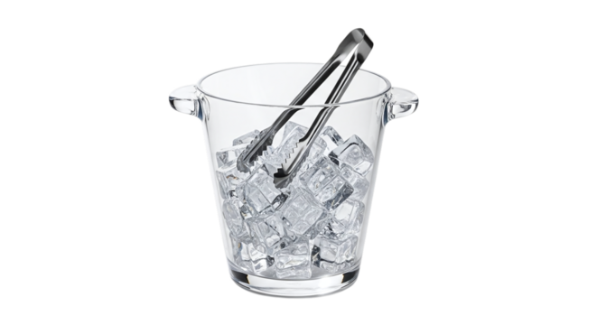 Ice bucket isolated on transparent background filled with ice cubes and tongs, perfect for keeping drinks cold at parties, bars, and restaurants