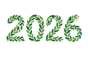 2026 number formed by green festive leaves and berries celebrating new year, christmas, holidays, transparent background