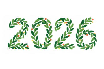 2026 number formed by green festive leaves and berries celebrating new year, christmas, holidays, transparent background