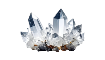 Gleaming quartz cluster, pointy tips, on a dark background