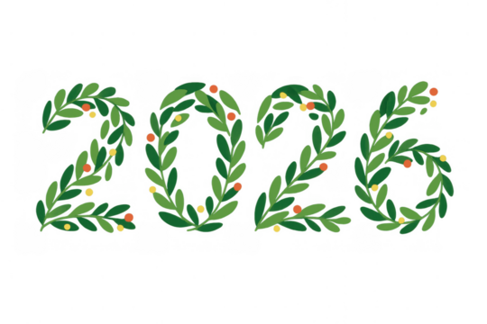 2026 number formed by green festive leaves and berries celebrating new year, christmas, holidays, transparent background