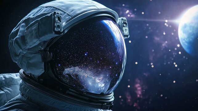 An astronaut helmet visor reflecting stars and planets as the goggle-like glass glistens in the vastness of space