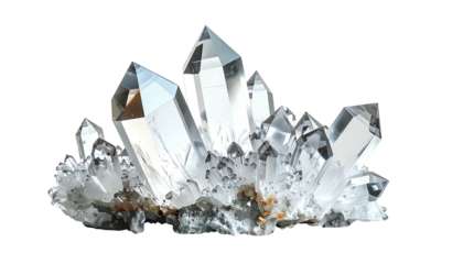 Cluster of translucent quartz crystals on dark matrix background