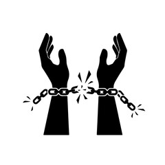 Black and white icon depicting shattered chains on wrists. Illustrates the end of oppression and the triumph of international justice and human dignity. Ideal visual for raising awareness