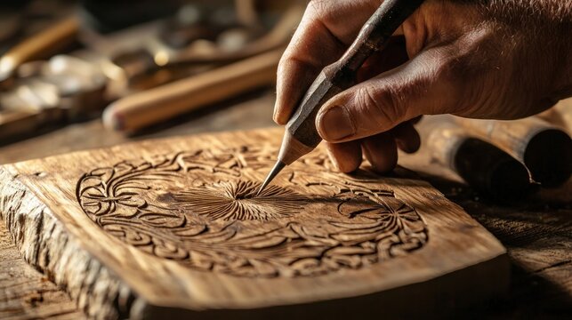Close-up of a hand holding a wood-burning tool as it engraves detailed patterns onto a handcrafted wooden plaque on a rustic workbench