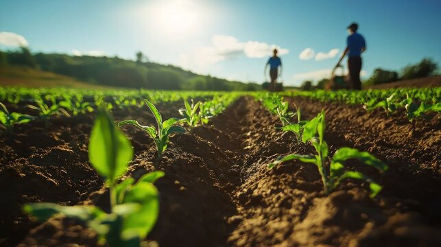 Farmers planting seeds in neat rows under bright sunlight representing agricultural development and growth
