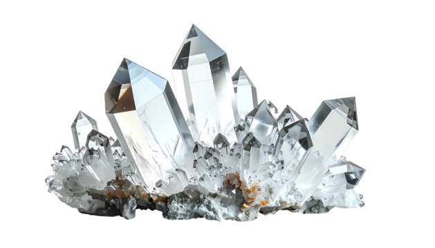 Cluster of translucent quartz crystals on dark matrix background