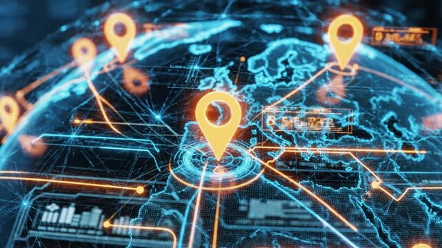 a futuristic digital map with network connections and orange location pins connected by bright data lines - Powered by Adobe