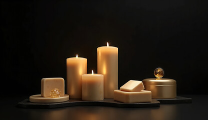 Warm glow of scented candles and soap bars creating a calming atmosphere in a dark setting