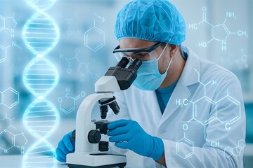 Scientist in laboratory examining dna structure with microscope and futuristic graphics