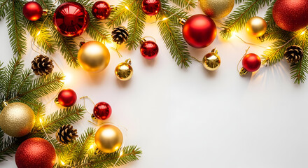 Traditional Red and Gold Christmas Ornaments with Pine and Lights

