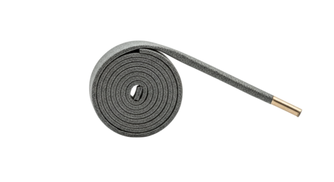 Coiled gray shoelace with gold tips isolated on transparent background, perfect for footwear fashion, style, and replacement needs