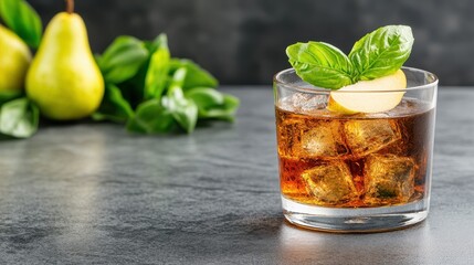 Glass of Whiskey Infused with Fresh Basil Leaves and Pear Slice