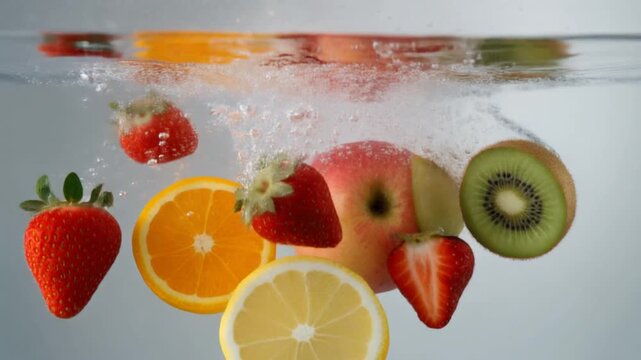 Fresh Fruits Falling into Water with Realistic Splash in Slow Motion