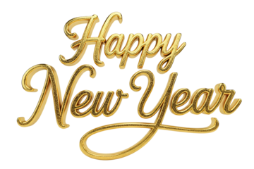 Golden Happy New Year text written with golden shiny metalic ink isolated on white or transparent background