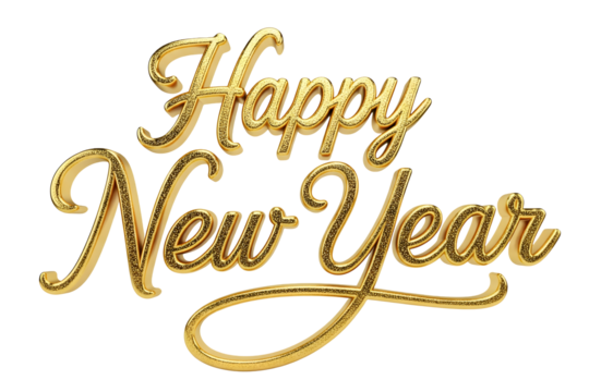 Golden Happy New Year text written with golden shiny metalic ink isolated on white or transparent background
