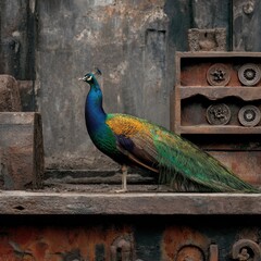Proud Peacock Displaying Its Vibrant Feathers Amidst Rusting Metals