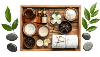 Spa setup oils, salts, stones, flowers, and candles on wood
