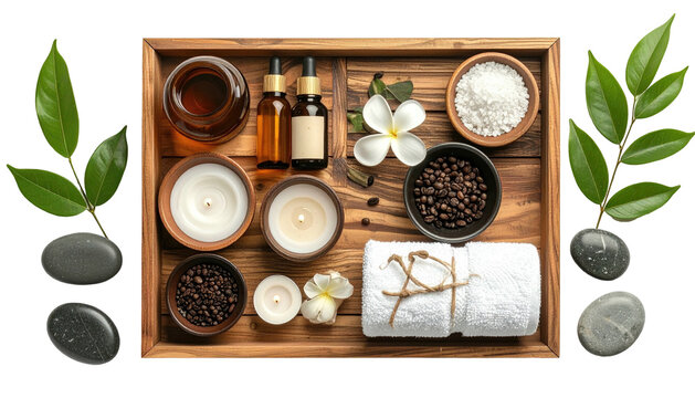Spa setup oils, salts, stones, flowers, and candles on wood