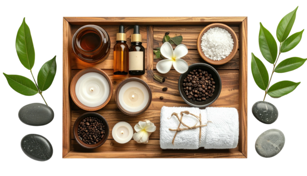 Spa setup oils, salts, stones, flowers, and candles on wood