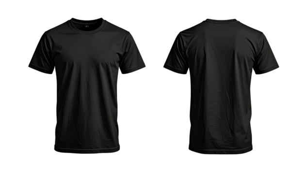 Front and back view of a plain, black t-shirt, isolated