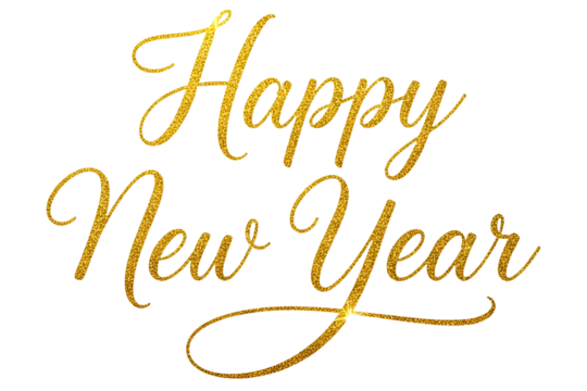 Golden Happy New Year text written with golden shiny metalic ink isolated on white or transparent background