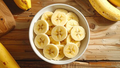 A white bowl filled with perfectly sliced yellow bananas sits on a rustic wooden table illuminated by warm sunlight with whole bananas scattered around providing a natural and healthy breakfast scene