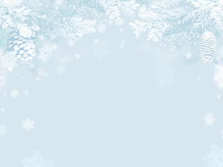 Light blue winter background framed with snowy pine branches and white pinecones, ideal for seasonal greetings or copy space.