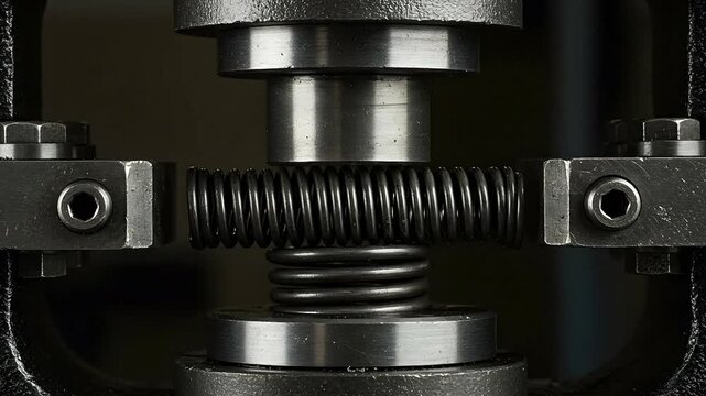 Metal spring compression under mechanical force close up