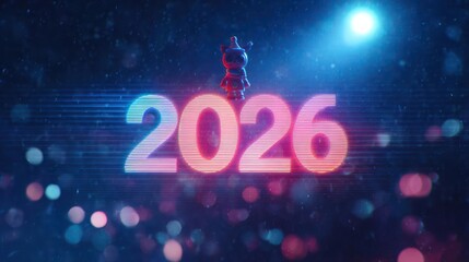 Futuristic glowing neon numbers 2026 illuminated against a dark abstract background with bokeh lights