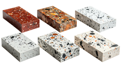 Six colorful terrazzo tiles/blocks against a black background