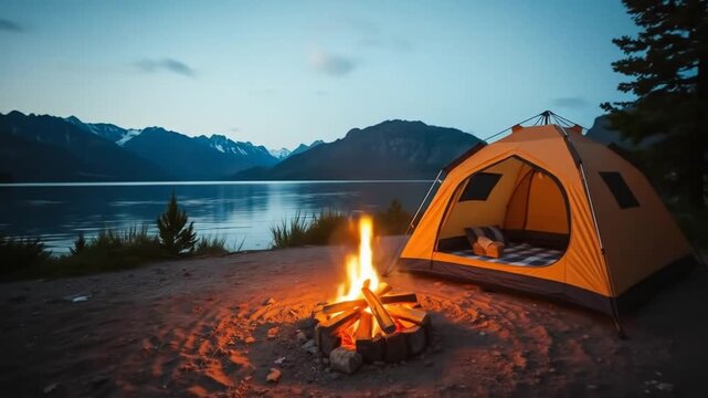 Camping by a peaceful lake with a cozy tent and a crackling campfire amidst majestic mountains. 4k video