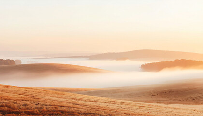 Fototapeta premium Breathtaking misty sunrise over golden fields creates a serene and peaceful landscape perfect for travel, nature, or calming wellness content