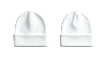 Two white beanie hats, identical, on a black background