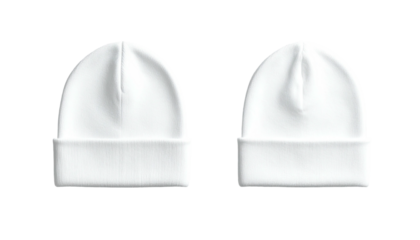 Two white beanie hats, identical, on a black background