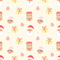 Pastel Christmas Seamless Pattern: Santa's Workshop Town, Elves, and Gifts. Cream Yellow Flat Design for Gentle Holiday Fabric, Background, and Wrapping Paper.