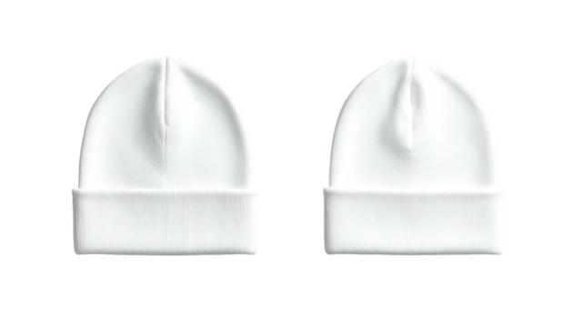 Two white beanie hats, identical, on a black background