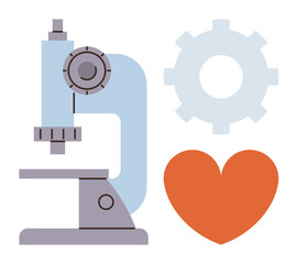 Microscope, gear, and heart represent research, innovation, healthcare, education, teamwork, and growth. Ideal for scientific study technology advancement healthcare improvement compassionate
