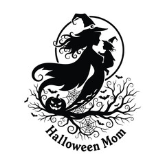 Black silhouette Halloween mom and child vector
