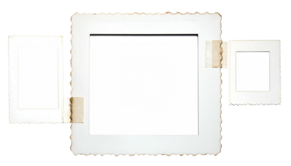 Three burnt-edge frames taped on black, one larger in center