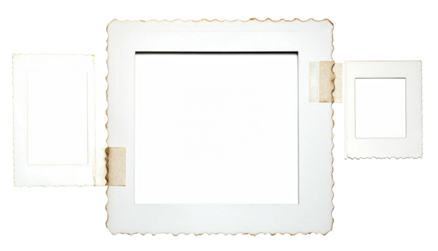 Three burnt-edge frames taped on black, one larger in center