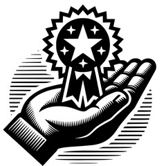 Award badge in hand black vector icon with transparent background 