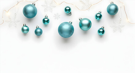 Teal Baubles and Golden Ribbons on White Marble Holiday Background

