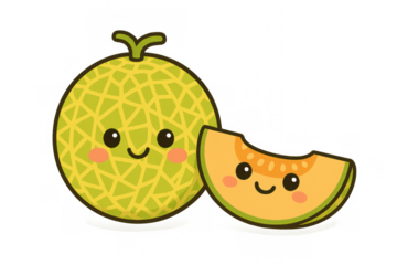 Cute cartoon melon and a smiling slice, sweet fruit character with happy face on transparent background