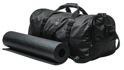 Black gym bag with rolled yoga mat, gym equipment on dark backdrop