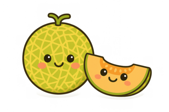 Cute cartoon melon and a smiling slice, sweet fruit character with happy face on transparent background